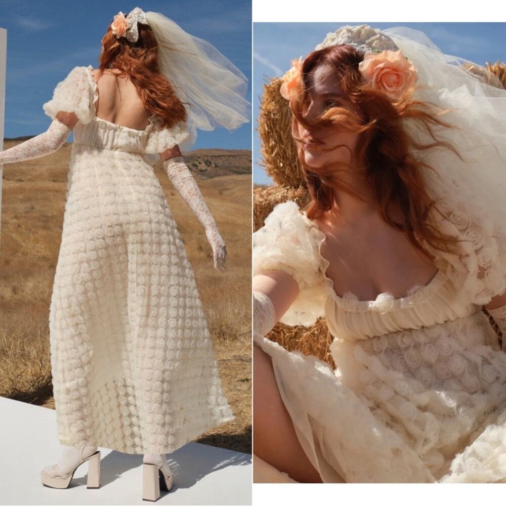 FOR LOVE & LEMONS Josey Rosette Puff Sleeve Bridal White Maxi Dress Size XS